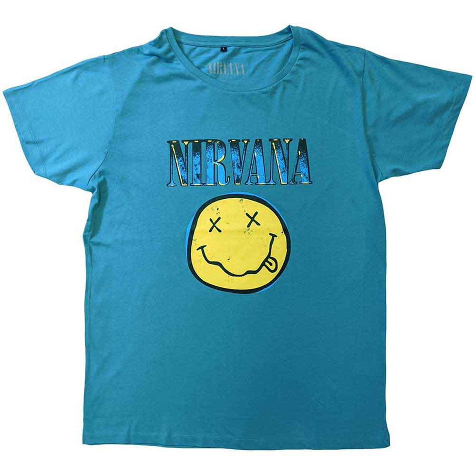 Nirvana Unisex T-Shirt: Xerox Happy Face (Turquoise Blue)