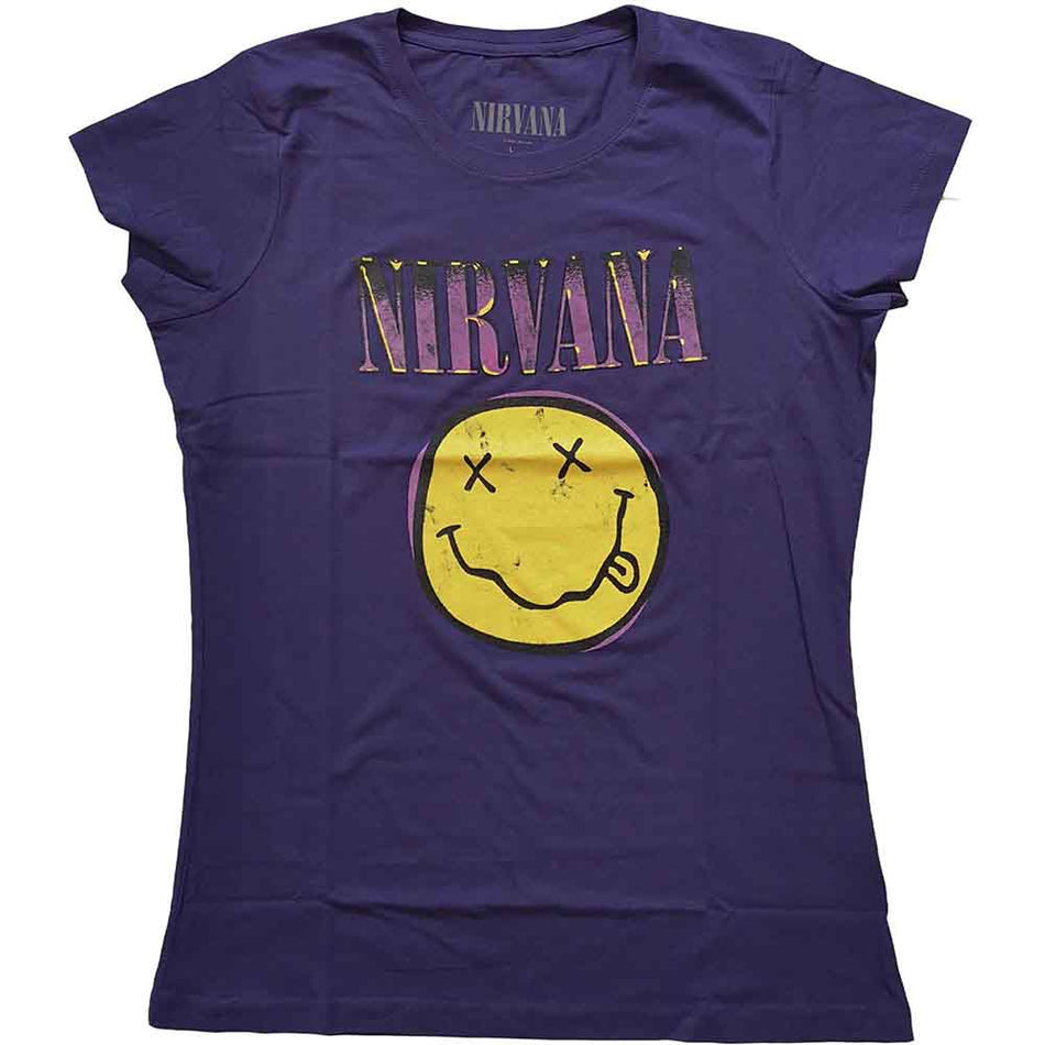 Nirvana Ladies T-Shirt: Xerox Happy Face Pink (Purple)