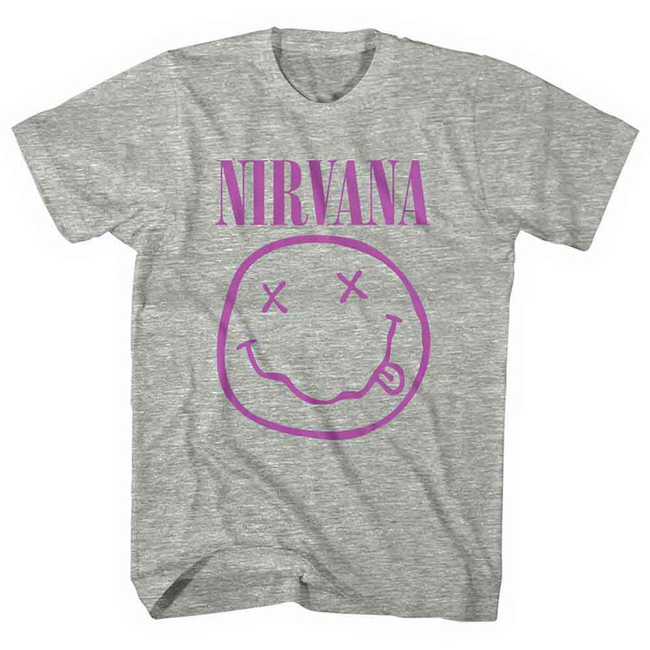 Nirvana Unisex T-Shirt: Purple Happy Face (Grey)