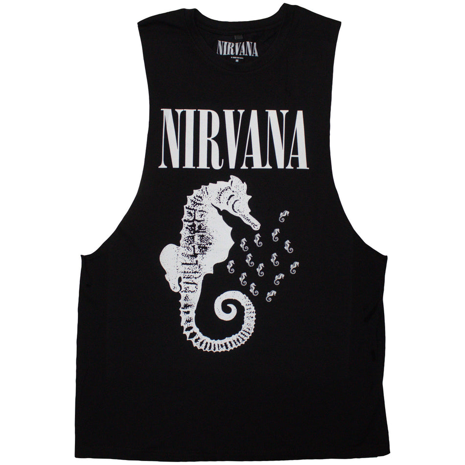 Nirvana Unisex Vest T-Shirt: Seahorse & Logo Mono (Black)