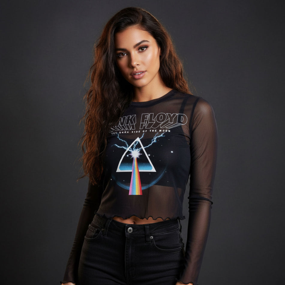 Pink Floyd Ladies Long Sleeve Mesh Crop Top: Lightning Prism (Navy Blue)