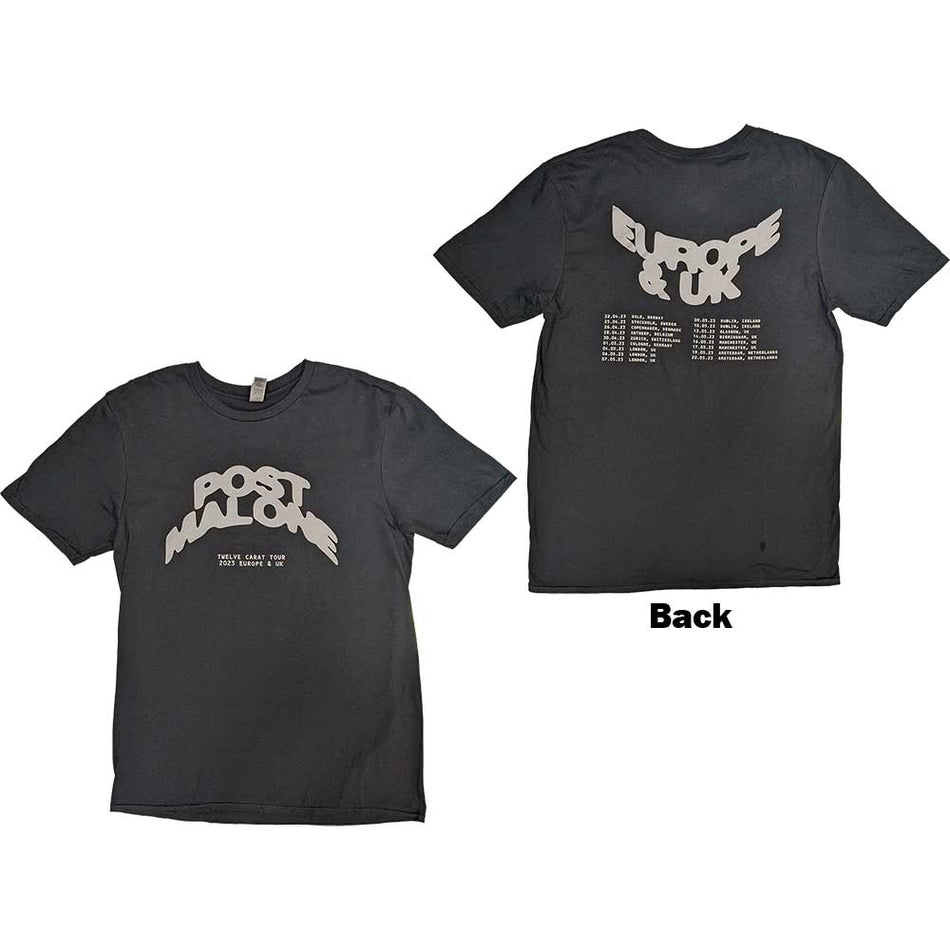 Post Malone Unisex T-Shirt: Curved Logo 2023 Tour Dates (Black) (Back Print & Ex-Tour)