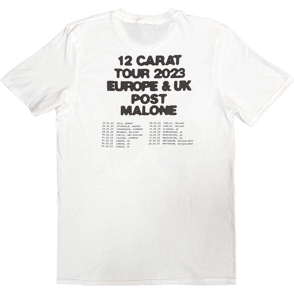 Post Malone Unisex T-Shirt: Burn It Down 2023 Tour Dates (White) (Back Print & Ex-Tour)