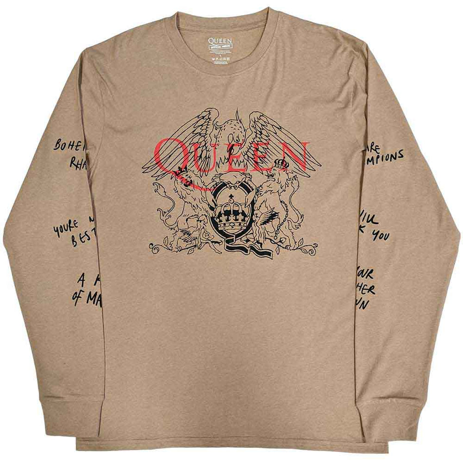 Queen Unisex Long Sleeve T-Shirt: Handwritten (Sand) (Sleeve Print)