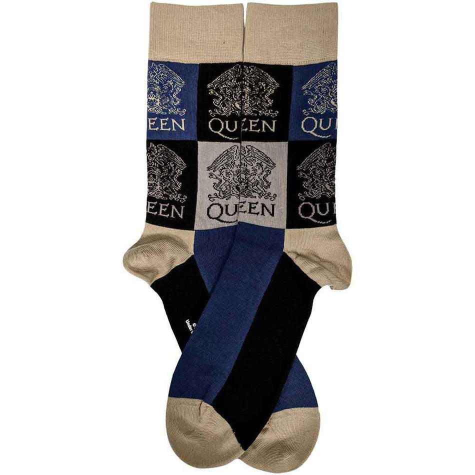 Queen Unisex Ankle Socks: Crest Blocks (Navy Blue) (UK Size 4 - 7)