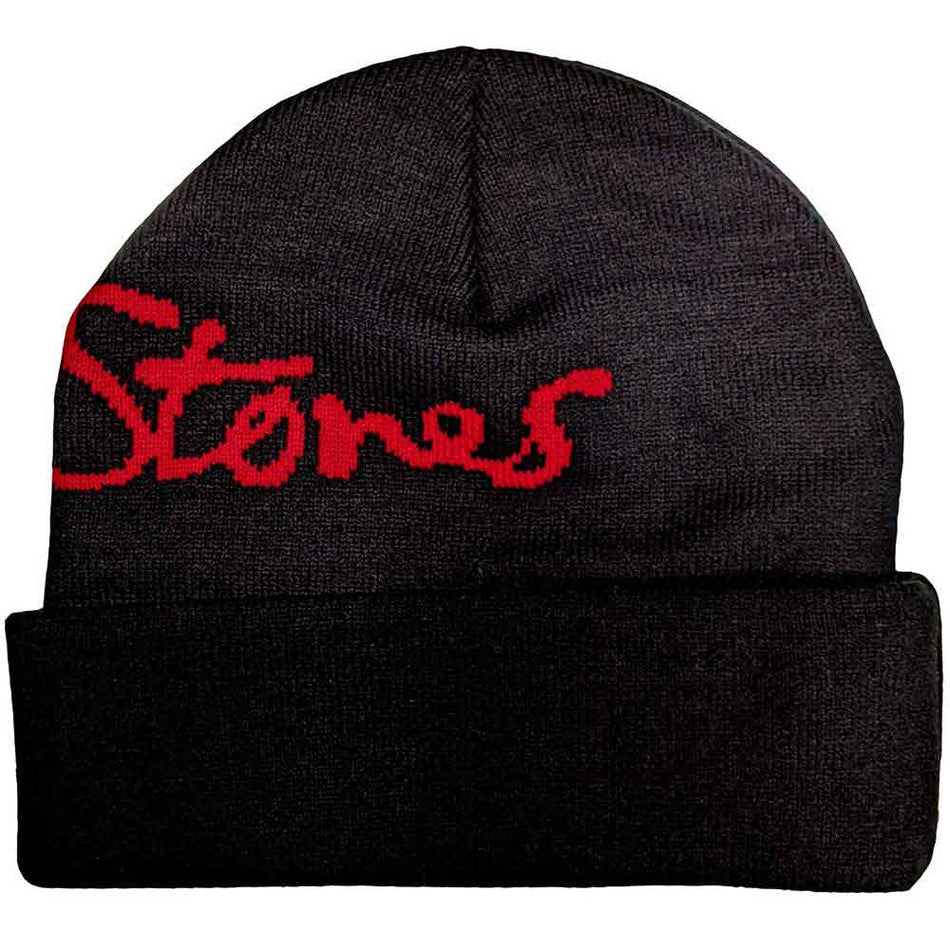 The Rolling Stones Unisex Beanie Hat: Embellished Classic Tongue (Black) (Back Print)