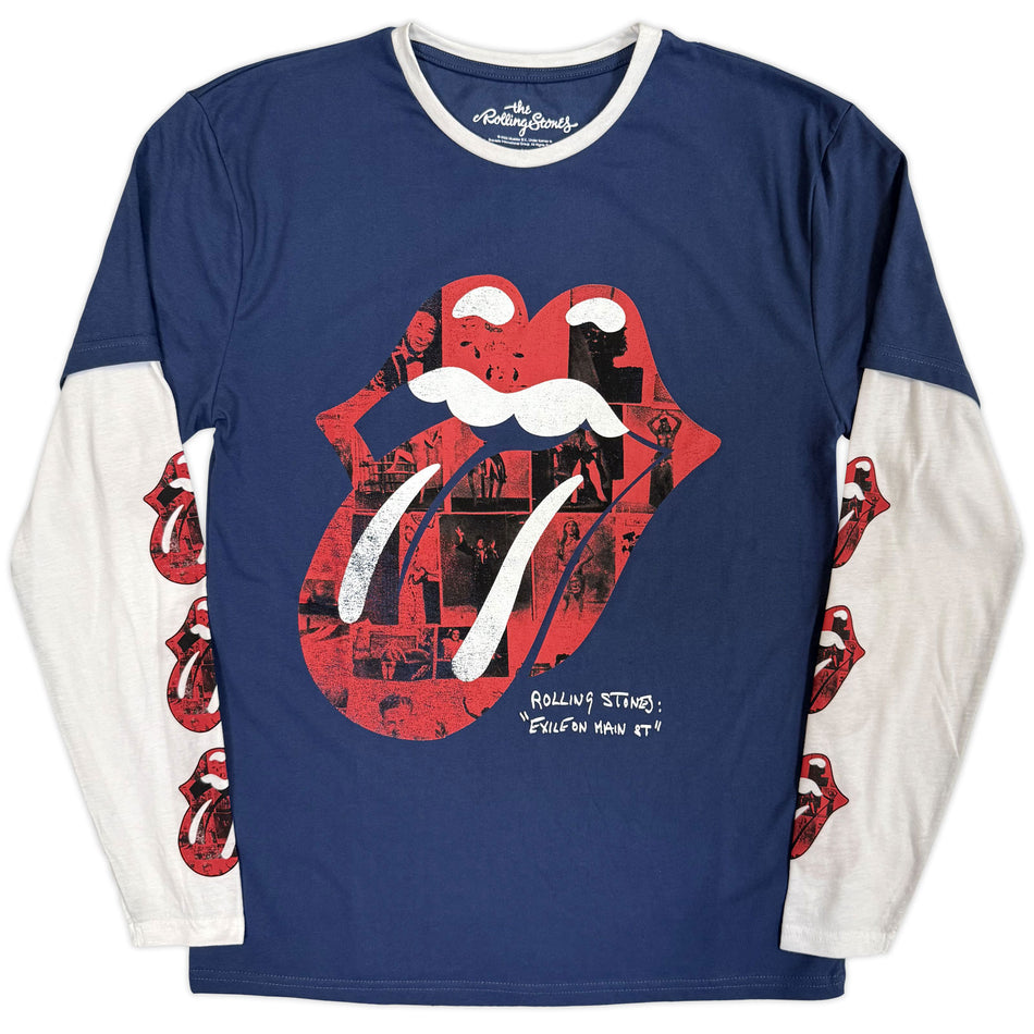 The Rolling Stones Unisex 2 In 1 Layered Long Sleeve T-Shirt: Collage Tongue (Denim Blue & White) (Sleeve Print)
