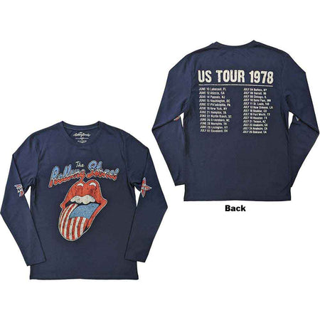 The Rolling Stones Unisex Long Sleeve T-Shirt: US Tour '78 (Navy Blue) (Back & Sleeve Print)