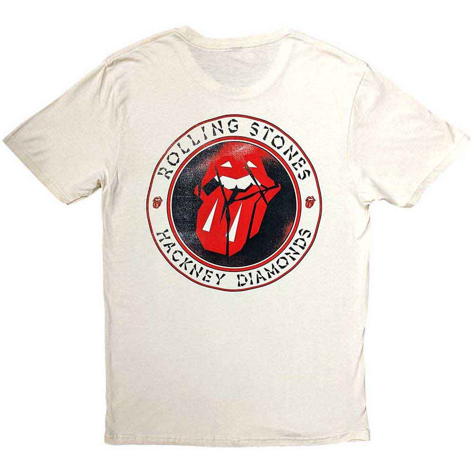 The Rolling Stones Unisex T-Shirt: Hackney Diamonds Circle Label (Natural) (Back Print)
