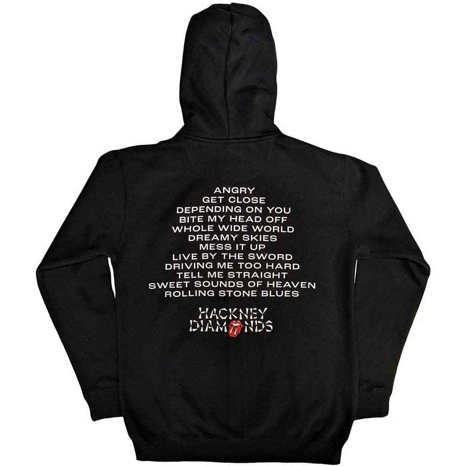 The Rolling Stones Unisex Zipped Hoodie: Hackney Diamonds Tracklist (Black) (Back Print)