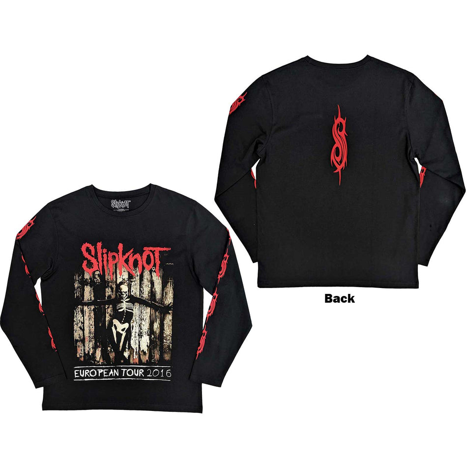 Slipknot Unisex Long Sleeve T-Shirt: Skeleton Flag (Black) (Back & Sleeve Print)