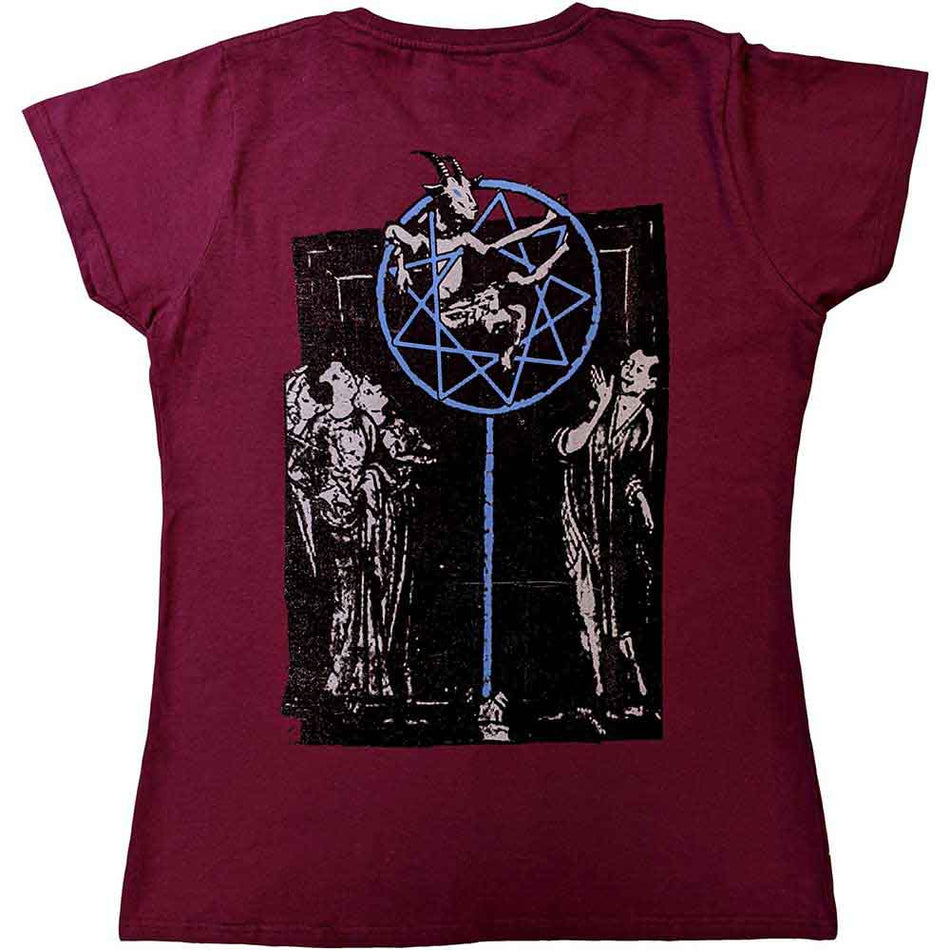 Slipknot Ladies T-Shirt: Goat Logo Demon (Maroon Red) (Back Print)