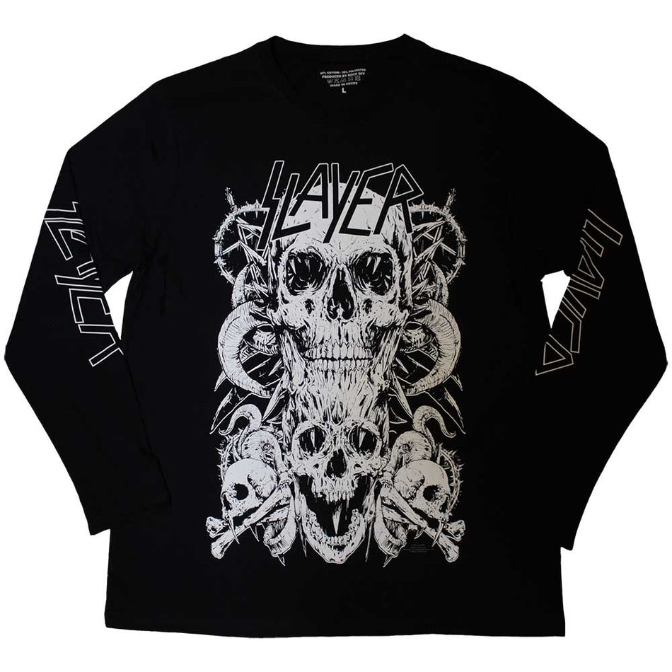 Slayer Unisex Long Sleeve T-Shirt: White Skulls (Black) (Sleeve Print)
