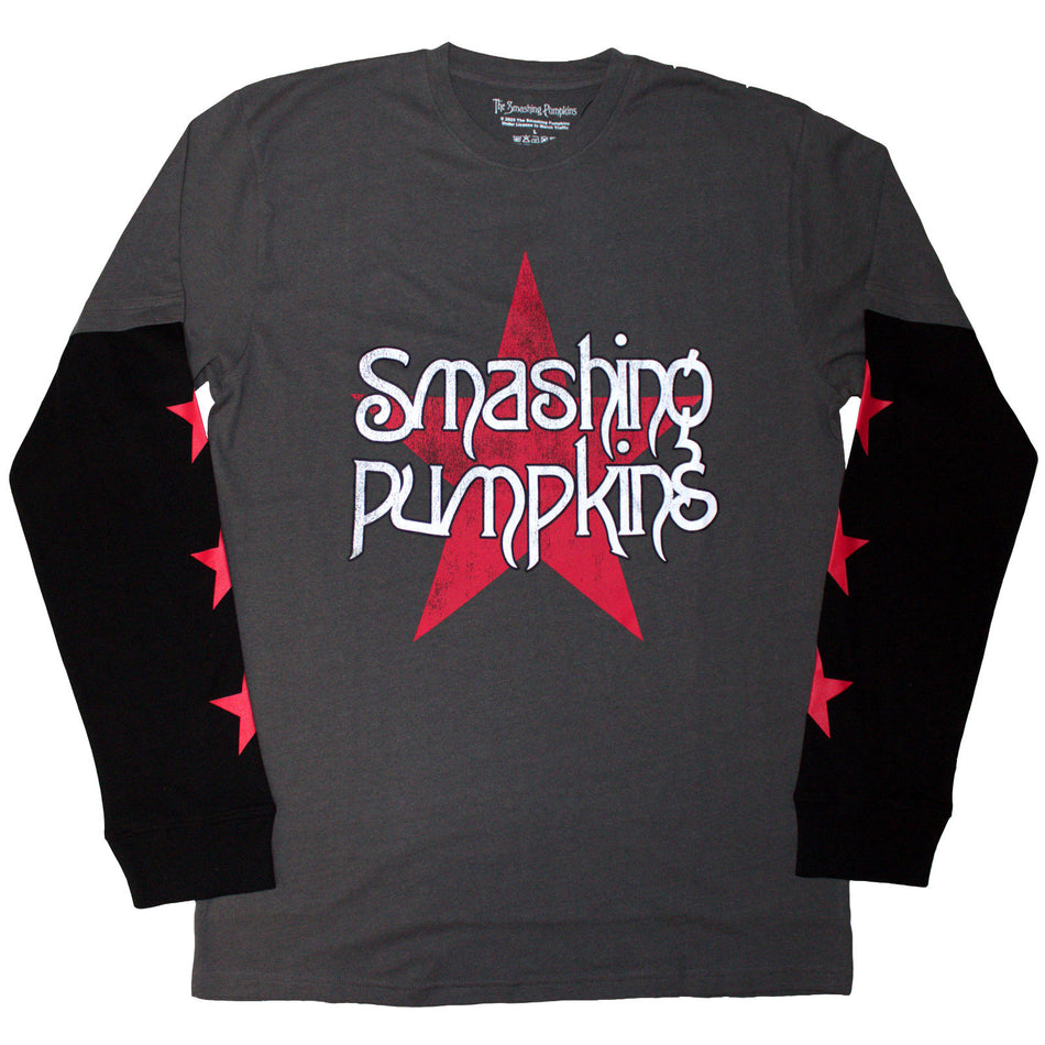 The Smashing Pumpkins Unisex 2 In 1 Layered Long Sleeve T-Shirt: Star Logo (Charcoal Grey & Black) (Sleeve Print)