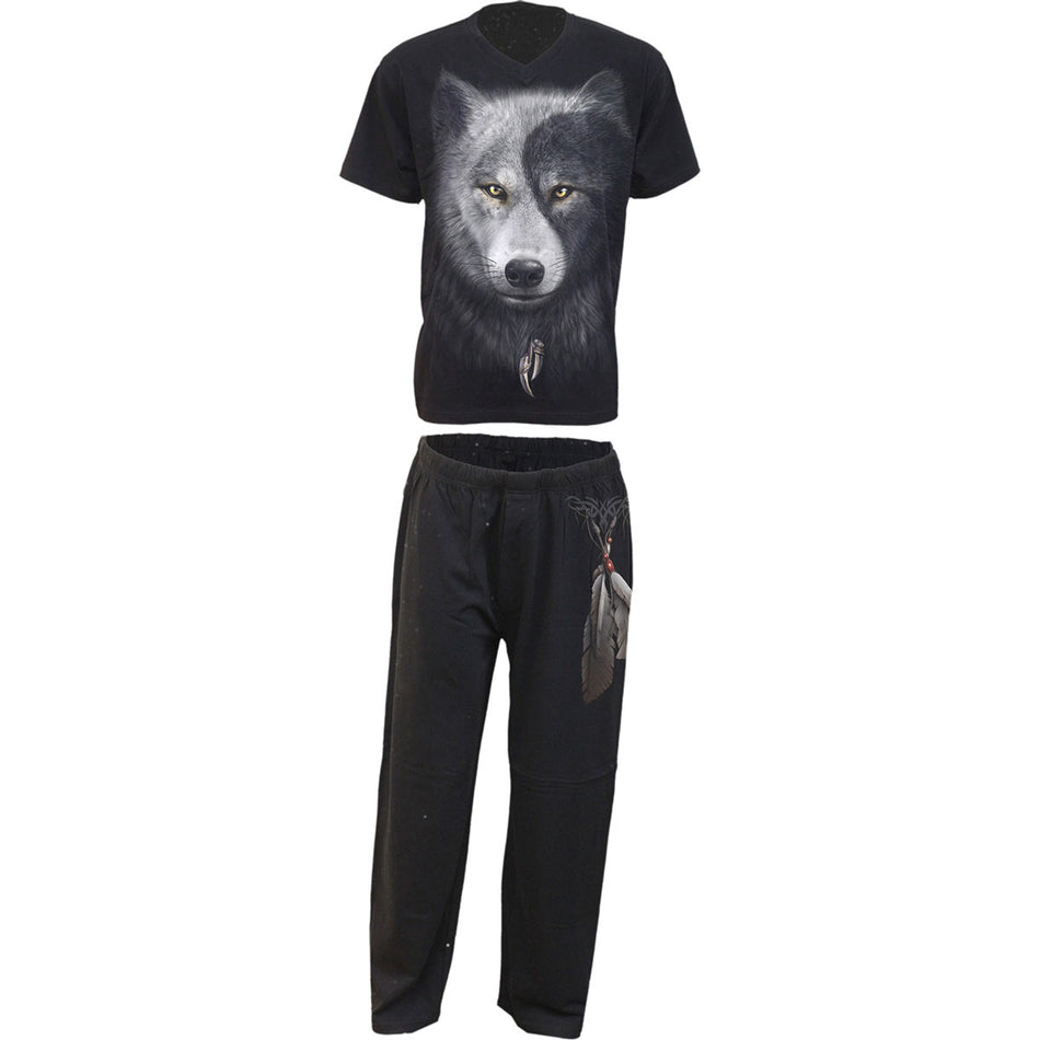 Spiral Unisex 4 Piece Gothic Pyjama Set: Wolf Chi (Black) (Back Print)