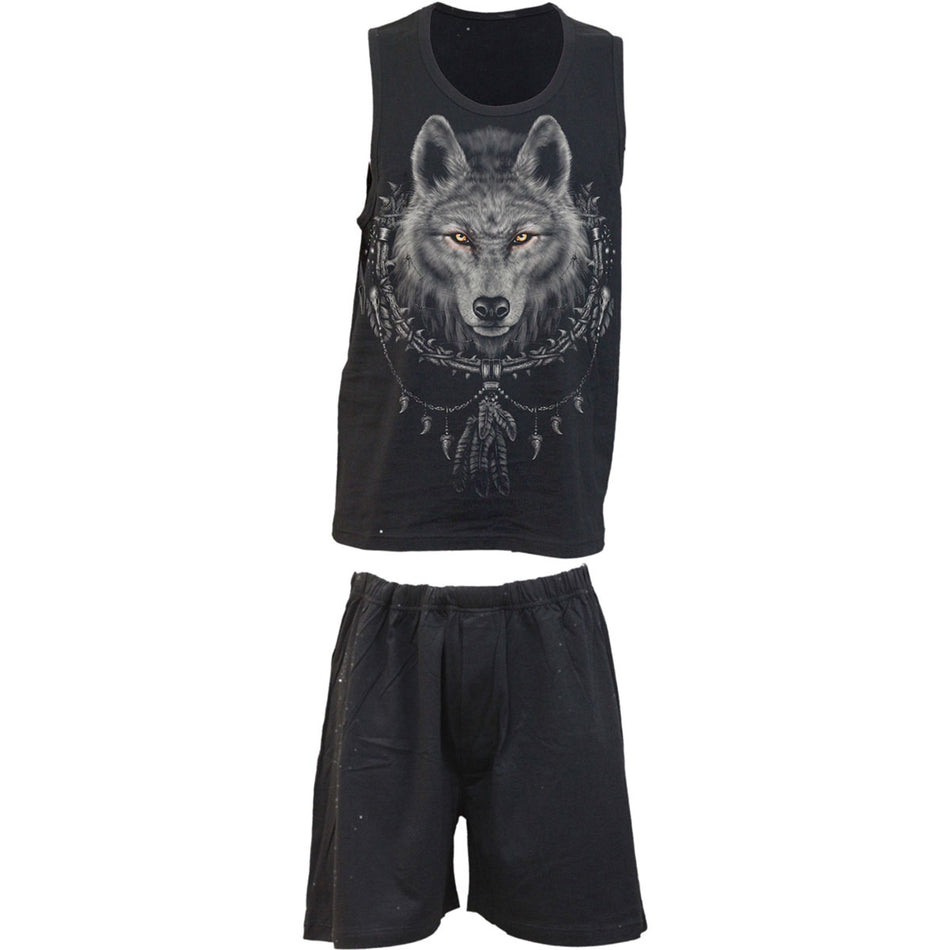 Spiral Unisex 4 Piece Gothic Pyjama Set: Wolf Chi (Black) (Back Print)