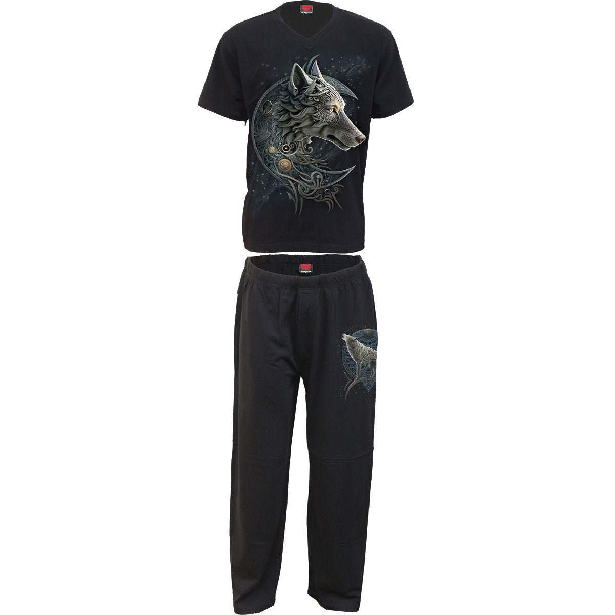Spiral Unisex 4 Piece Gothic Pyjama Set: Celtic Wolf (Black) (Back Print)