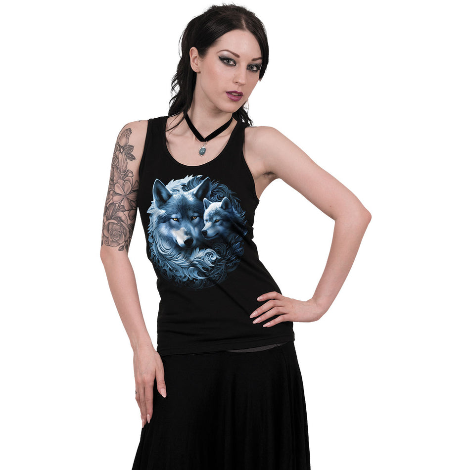 Spiral Ladies Razor Back Vest T-Shirt: Wolf Guardian (Black)
