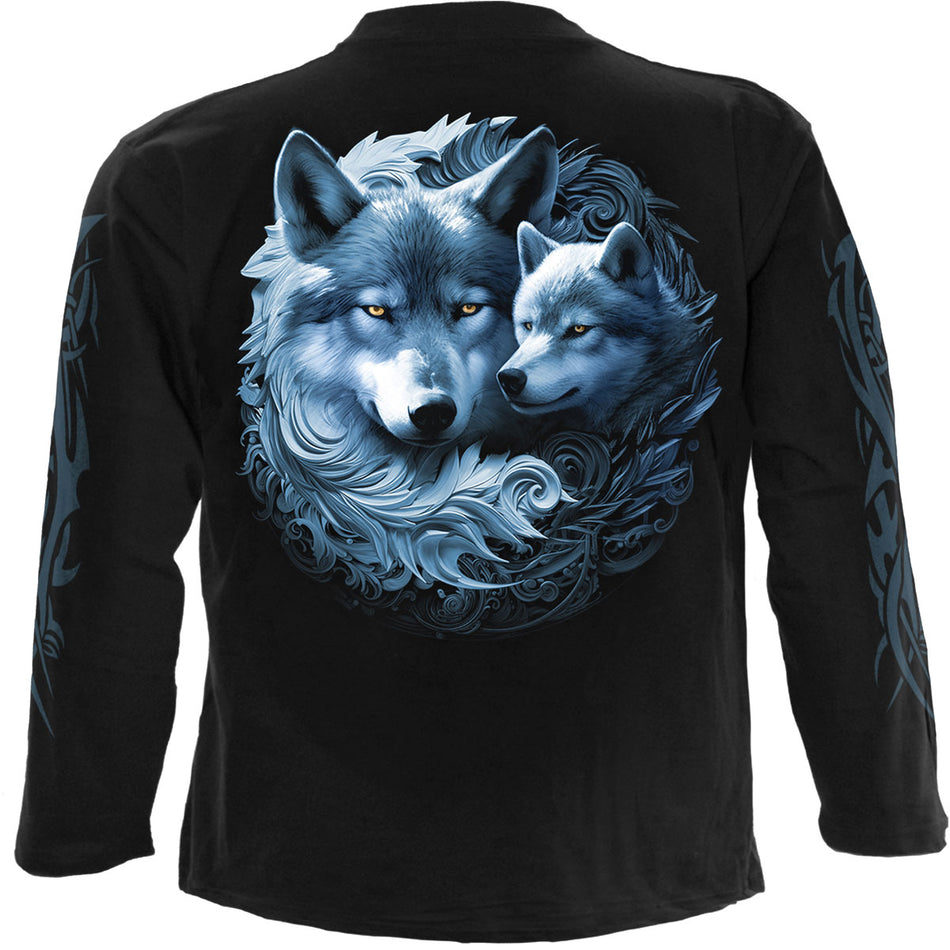 Spiral Unisex Long Sleeve T-Shirt: Wolf Guardian (Black) (Back & Sleeve Print)