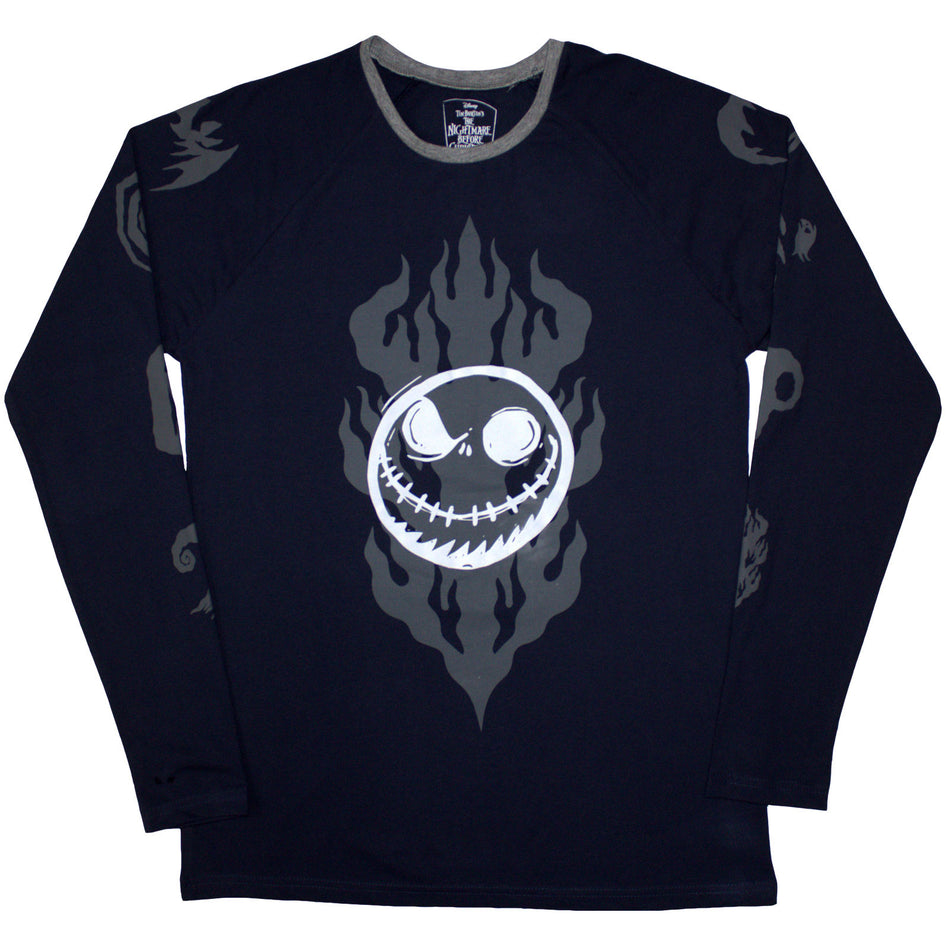 The Nightmare Before Christmas Unisex Long Sleeve T-Shirt: Flaming Jack (Navy Blue) (Embellished)
