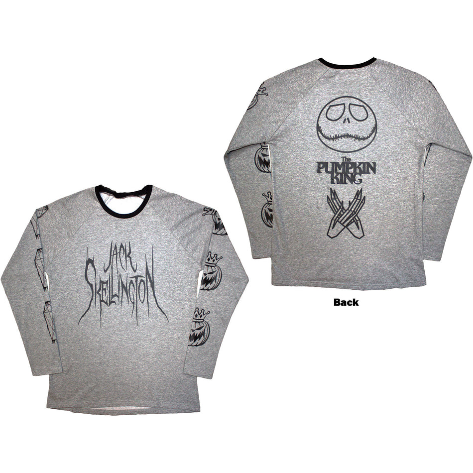 The Nightmare Before Christmas Unisex Long Sleeve T-Shirt: Pumpkin King (Grey) (Back Print & Embellished)