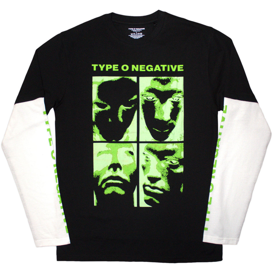 Type O Negative Unisex 2 In 1 Layered Long Sleeve T-Shirt: Faces (Black & White) (Sleeve Print)