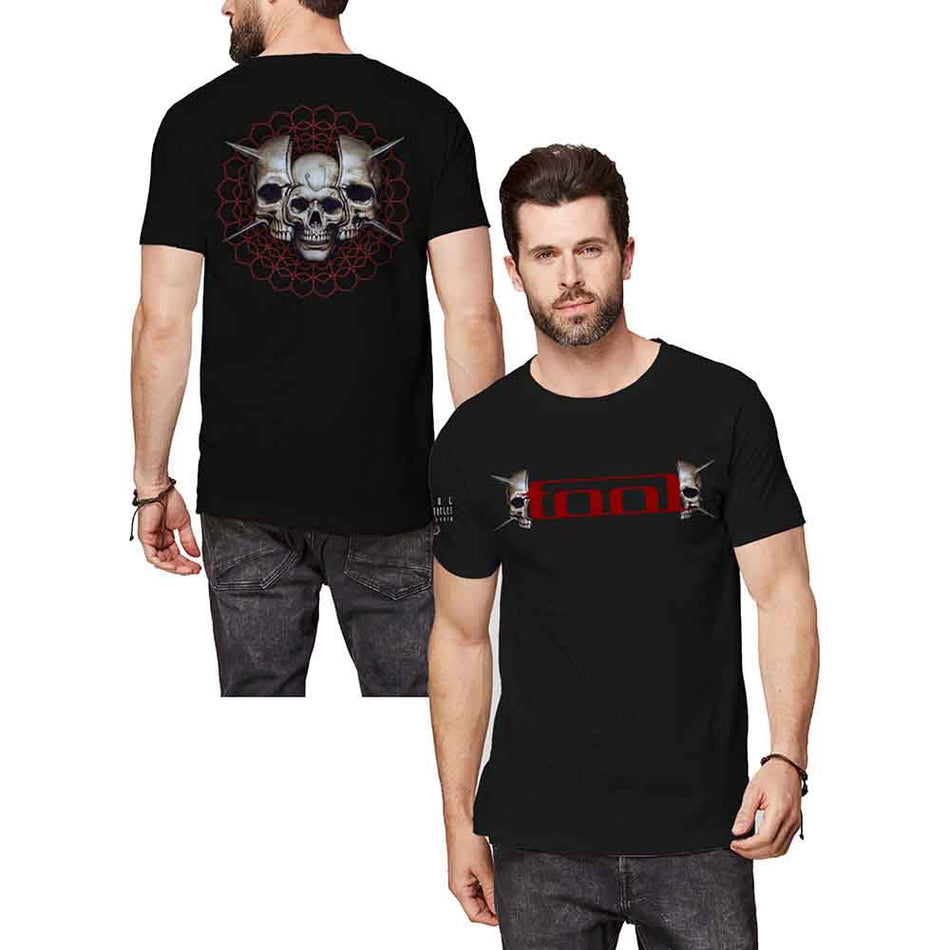 Tool Unisex T-Shirt: Skull Spikes (Black) (Back & Sleeve Print)