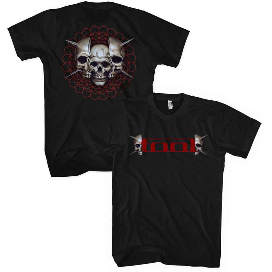 Tool Unisex T-Shirt: Skull Spikes (Black) (Back & Sleeve Print)