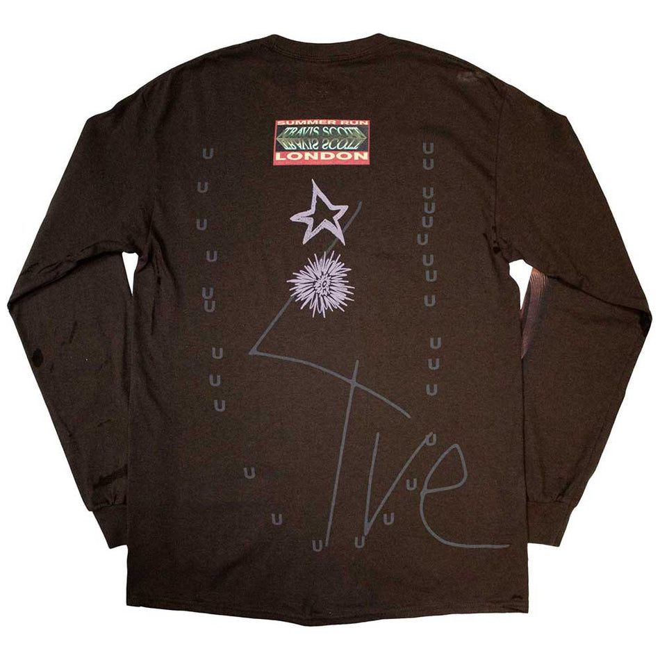 Travis Scott Unisex Long Sleeve T-Shirt: Summer Run 2023 London (Brown) (Back Print & Ex-Tour)