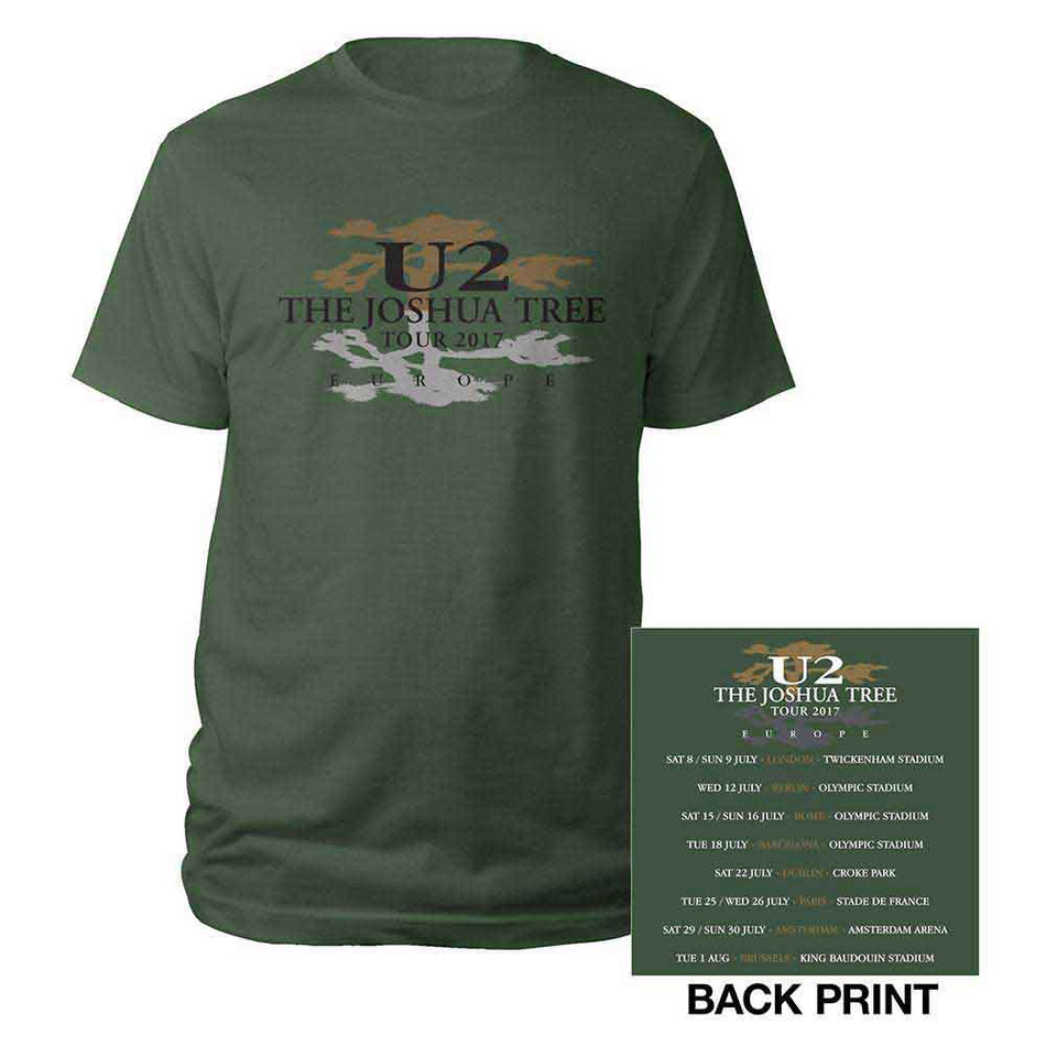 U2 Unisex T-Shirt: Joshua Tree Logo 2017 (Green) (Back Print & Ex-Tour)