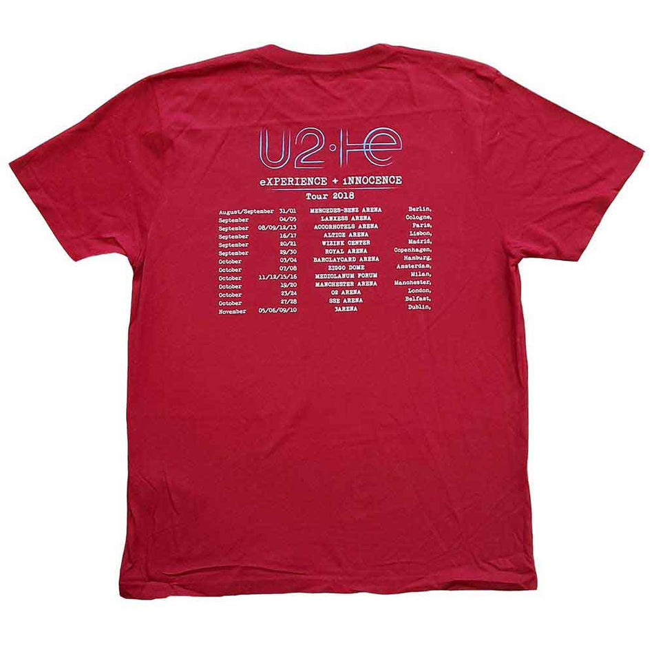 U2 Unisex T-Shirt: I+E 2018 Tour Dates (Maroon Red) (Back Print & Ex-Tour)