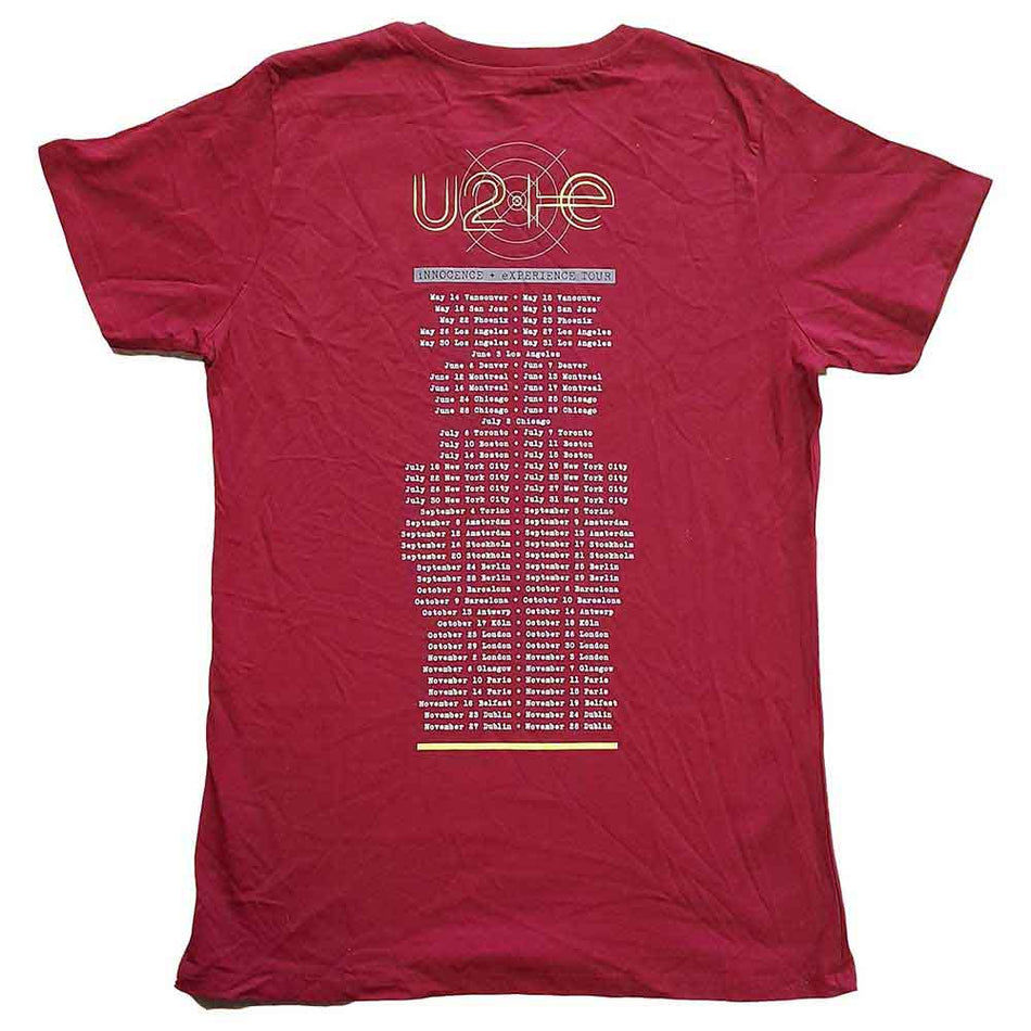 U2 Unisex T-Shirt: I+E 2015 Tour Dates (Maroon Red) (Back Print & Ex-Tour)