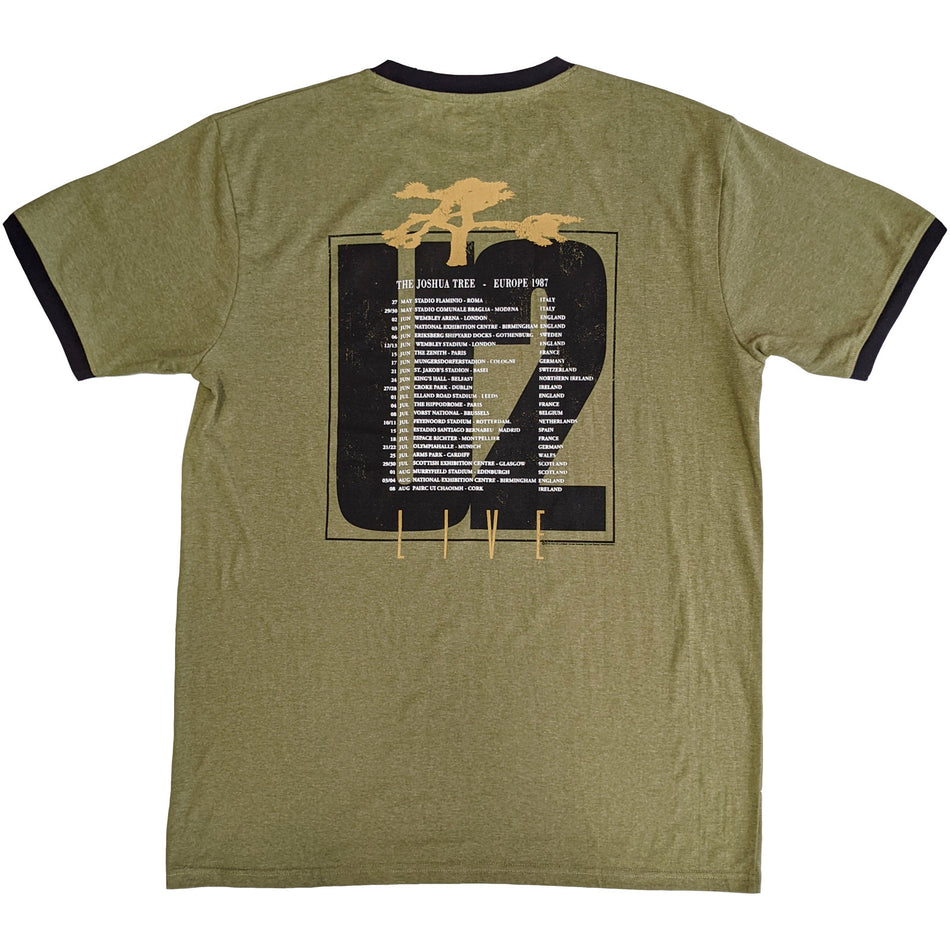 U2 Unisex Ringer T-Shirt: Joshua Tree Europe 1987. (Green) (Back Print)