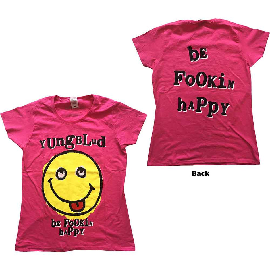 Yungblud Ladies T-Shirt: Raver Smile (Pink) (Back Print)