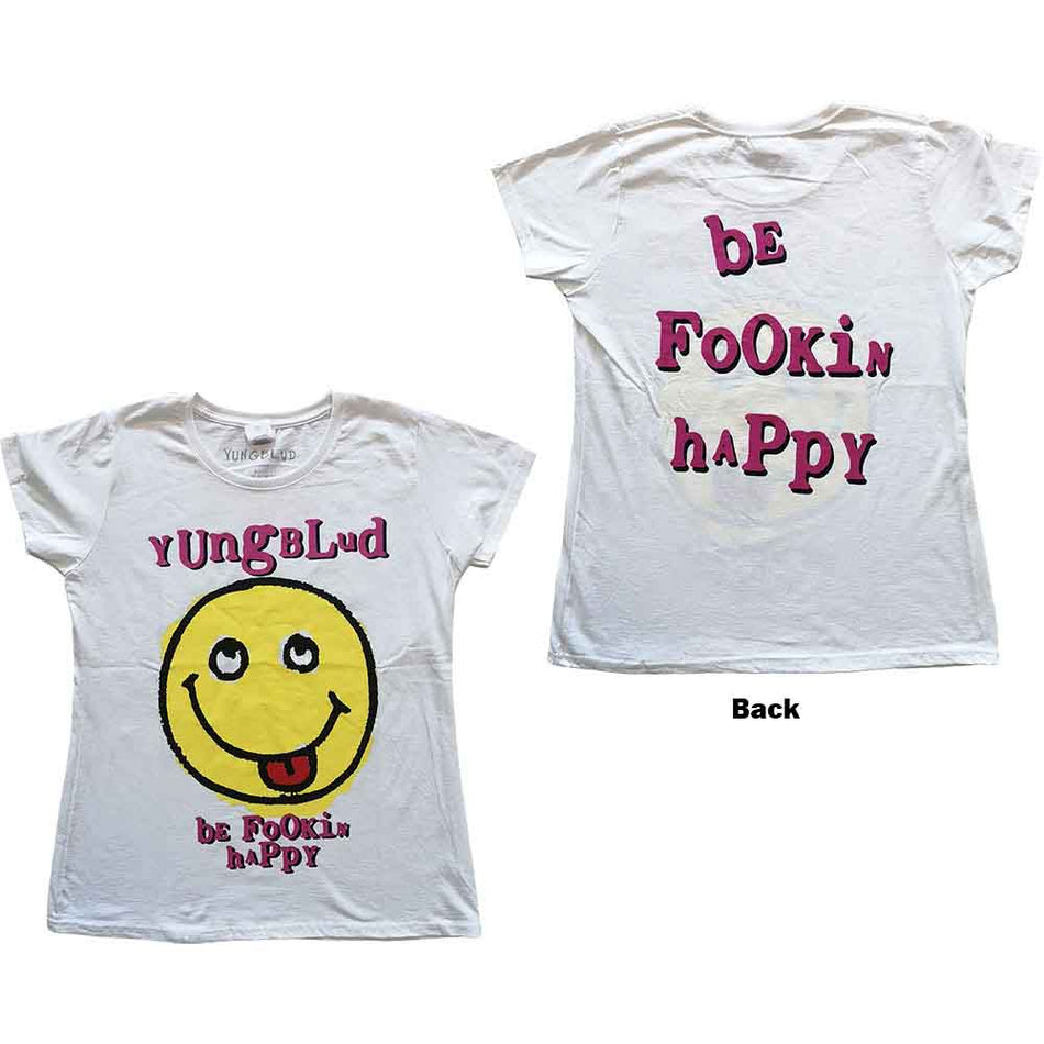 Yungblud Ladies T-Shirt: Raver Smile (White) (Back Print)