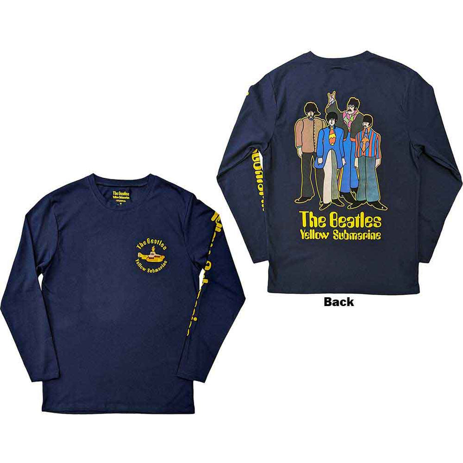 The Beatles Unisex Long Sleeve T-Shirt: Yellow Submarine Band (Navy Blue) (Back & Sleeve Print)
